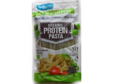 Protein Pasta Fettuccine Soja. Deze pasta-variant van Max Sport bevat tot maar liefst 44% proteïne. In een handomdraai te bereiden met het toevoegen van enkel heet water. 
						 Ingrediënten: Fettuccine, groene sojabonen (uit  ).