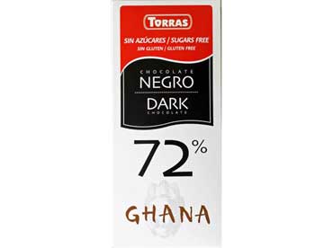 Zwarte chocolade 'Ghana' met zoetstof, glutenvrij suikervrij. cacaopasta, cacaoboter, zoetmiddel (maltitol), 
						magere cacaopoeder, inuline, emulgator (sojalecithine), natuurlijk aroma (vaniline). Overmatig gebruik kan een laxerend effect hebben. Kan sporen van 
						melk of noten bevatten.