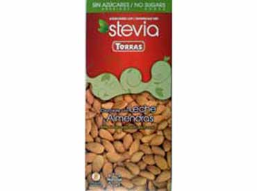 Melkchocolade met amandelen en Stevia zonder toegevoegde suikers. cacaoboter, zoetstoffen, erytritol, 
						steviol-glycoside (0,18%), cacaopasta, inuline, magere melkpoeder(9%), emulgator, sojalichthine, vanille,  
							volle melkpoeder(22,5%), amandelen(10%). Kan sporen van melk of noten bevatten.