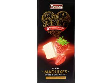 Chocolat blanc avec fraises et edulcorant. Ingredients: edulcorant (maltitol), beurre de cacao, lait en poudre, 
						fraises lyophilisees (2%), inuline, emulsifiant (lecithine de soja), arome de fraise et arome naturel de vanille.