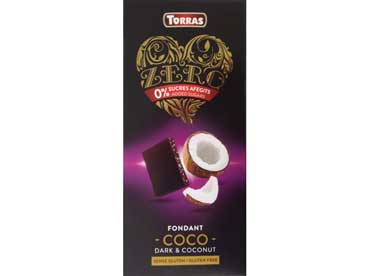Zwarte chocolade met kokos en zoetstof. Ingredienten: zoetmiddel (maltitol), cacaopasta, cacaoboter,  
						coco (8%), inuline, magere cacaopoeder, emulgator (sojalecithine), coco aroma, natuurlijke aromas (vanille).