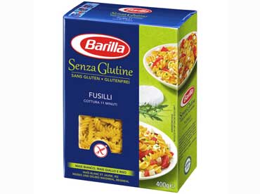 Barilla fusilli zonder gluten.  Ingredienten. Wit maismeel (65%), geel maïsmeel (29,5%), rijstmeel (5%), water, emulgator 
						(mono- en diglyceriden van vetzuren).