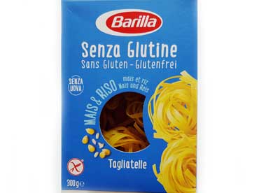 Barilla tagliatelli mais en rijst zonder gluten. Speciaal bereid voor personen met een glutenintolerantie.  Ingredienten. Wit maismeel (60%), geel maïsmeel (29,5%),
						volkoren rijstmeel (10%), water, emulgator: (mono- en diglyceriden van vetzuren).