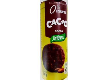 Digestive cacao Santivieri 11470. Ingredienten: volkorentarwemeel 51,6%, zoetstof (maltitol,sucralose), plantaardige olieen (zonnebloem, olijf)(11,3%),
						havermeel, pure chocolade (3,04%) (cacaopasta, zoetstof maltitol, cacaoboter, cacaopoeder, emulgator (sojalecithine), aroma, zeezout, rijsmiddel (natrium- en ammoniumbicarbonaat), 
						antioxidant (tocoferolenrijk extract), foliumzuur (pteroylmonoglutaminezuur). Kan sporen bevatten van melk, sesam, pinda en noten.