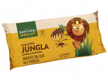 Galletas jungle cookies. Amidon de maïs, sucre de canne, enrobage de chocolat au lait (15%), sucre, lait entier en poudre, beurre de cacao, pâte de cacao, lactosérum, émulsifiant (lécithine de soja), arôme), maltodextrine de pomme de terre, graisse 
						végétale non hydrogénée, farine de maïs modifiée. fécule de pomme de terre, protéine de soja, fibres d'agrumes, bicarbonate d'ammonium, bicarbonate de sodium, sel, arômes. Peut contenir des traces de noisettes.