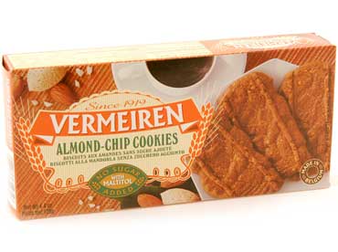 Speculoos Vermeiren. Tarwebloem, maltitol(25%), plantaardige olien en vetten, gebroken amandelen(9%), 
						vers eigeel, volle melk, sojameel, rijsmiddel (natriumbicarbonaat, natuurlijke kruiden).