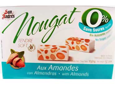 suikervrije soft nougat 17800. Ingredienten: zoetstof: maltitolsiroop, (30%) amandelen, wafel (aardappelzetmeel en zonnebloemolie), eiwit en aroma vanilline. 
						Kan sporen van andere noten, pinda's, melk, soja, sulfieten en sesam bevatten. Zonder toegevoegde suikers met zoetstoffen. Bevat van nature aanwezige suikers, overmatig gebruik kan een laxerend 
						effect hebben.