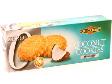 biscuits avec noix de coco sans sucre. farine de ble, margarine vegetale( huile vegetale, palmolie, huile 
						de colza, emulsifiant: E476, sojalecithine, sel, conservateur: sorbate de potassium , arôme, edulcorant: orleaan), maltitol, noix de coco 
						8,3%, levain(E450i,E500ii), sel, arôme, edulcorant: beta-caroteen. Ce produit peut contenir des gluten et du soja, tenir sec et au frais.