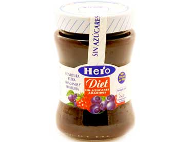 confituur met blauwe bosbes en framboos, zonder toegevoegde suiker en fructose. Ingredienten: slechts 41 Kcal per 100 gr. blauwe bosbes, framboos, water, 
						zoetstoffen(sorbitolsiroop), steviolglycosiden, sucralose en acesulfaam K, geleermiddel (pectine), citroenconcentraat, conserveermiddel(kaliumsorbaat), verstevigingsmiddel (calciumchloride) 
						Bereiding: 50gr fruit per 100 gr. netto gewicht 280 gr. Eenmaal geopend bewaren in de koelkast.