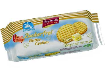 Butter cookies suikervrij 3100. Ingredienten: Tarwemeel, boter (21%), zoetstoffen (maltitol, isomalt, erythritol), inuline, heel ei, natuurlijke vanille aroma, zout, rijsmiddel (natriumbicarbonaat). Kan sporen van soja en noten bevatten.
