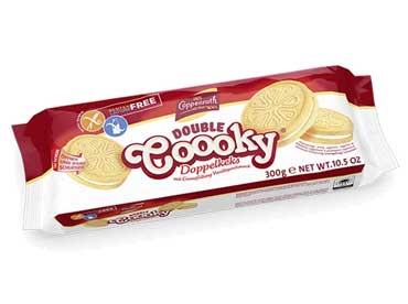 Double Coooky vanille 3500. Ingrediënten: Vanille crème (30%): [suiker, palmolie, natuurlijk vanille aroma (0,8%), emulgeermiddel (sojalecithine - E322), maismeel, aardappelzetmeel, suiker, meel (rijstmeel, banaanmeel), palmolie, dextrose, inuline, 
						aardappelzetmeel (gemodificeerd - E1412), taptemelk (laag in lactose), natuurlijke bourbon vanille smaak (0,6%), heeleipoeder, eiwitpoeder, zout, citrusschil, emulgeermiddel (sojalecithine - E322), rijsmiddelen (ammoniumbicarbonaat - E503ii, natrium waterstof carbonaat - E500ii), natuurlijke 
						vanille smaak (0,4%). Kan sporen van noten bevatten.