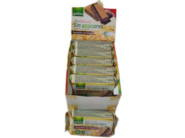 Barquillo Chocolade display 12 stuks. Room met chocoladesmaak (70%), zoetstoffen (maltitol, isomalt) 
						plantaardige vetten (palm- en palmpitolie) natuurlijk cacaopoeder 9%, tarwemeel emulgator (sojalecithine), vanille aroma, tarwemeel (29,5%), 
						plantaardig vet palm. emulgator (zonnebloemlecithine, zout, rijsmiddel, (natrium en ammoniumbicarbonaat), kleurstof (B-caroteen). 
						Kan sporen van  gedroogd fruit en melk bevatten.