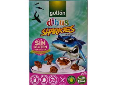 Sharkies 40005. Ingredienten: maiszetmeel, suiker, plantaardige olie (zonnebloemolie met hoog oliezuurgehalte). 15% maismeel, 
						aardappel, rijstzetmeel, cacaopoeder, glucose, en fructose mais stroop, rijstmeel, rijst zemelen, rijsmiddelen (natrium en ammonium bicarbonaten), zout, emulgator 
						(soja lecithine), vanille. Lactose vrij, melkeiwit vrij, ei vrij, noten vrij.