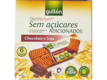 Biscuit au soja au chocolat. Ingrédients: farine de blé 51%, édulcorant maltitol, huile végétale 14,5%, (huile de tournesol à haute teneur en acide oléique) 
						gouttes de chocolat, sans sucre 7% (masse de cacao, édulcorant (mailtitol), beurre de cacao, émulsifiant lécithine de soja, arôme de vanille, fibre végétale, protéine de soja 3 , 5%, agent 
						levant (carbonate acide de sodium et d'ammonium, sel, arômes) Peut contenir des traces de noix et de lait, peut contenir des traces de sucres naturels.