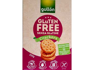 Crackers 40012 zonder gluten zonder lactose. Ingrediënten: Maiszetmeel, maismeel, plantaardige olie (oleine, hoge zonnebloemolie), glucose en fructose 
						glucosestroop, aardappelzetmeel, rijstzetmeel, suiker, zout, rijsmiddel( natrium- en ammoniumbicarbonaat) Emulgator: (sojalecithine)