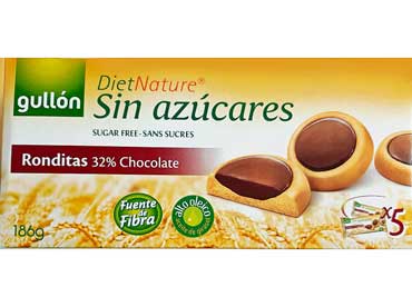 Biscuits au chocolat Ronditas 40015. Ingrédients: Farine de blé 43%, chocolat noir sans sucre 32% (pâte de cacao, édulcorant maltitol, beurre de cacao, poudre de 
						cacao, émulsifiant lécithine de soja, arômes de vanille, huile végétale 12% (huile de tournesol à haute teneur en acide oléique), édulcorant maltitol, agent levant (acide de sodium, carbonate), sel, 
						émulsifiant (lécithine de soja), colorant bêta-carotène. Riche en fibres, peut contenir des traces de noix et de lait Une consommation excessive peut provoquer des effets laxatifs.