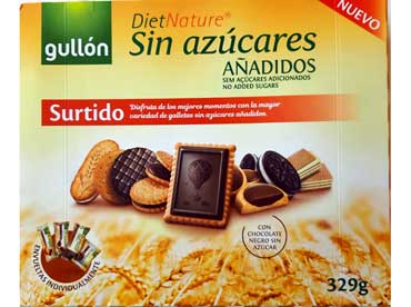 Assortiment de biscuits sans sucre 40020. Ingrédients: farine de blé 34%, édulcorant maltitol et isomalt, chocolat noir sans sucre 13% (pâte de cacao, édulcorant 
						(maltitol), beurre de cacao, lait anhydre (lait) émulsifiant (lécithine de tournesol) huile végétale (tournesol à haute teneur en acide oléique) graisses végétales (palme et palmiste), blé, farine de 
						blé entier, amidon de blé, polydextrose oligofructose, flocons d'avoine, cacao en poudre 0,9%, son de blé, beurre de lait concentré (lait), yogourt écrémé en poudre 0,7%, agent levant (carbonate 
						d'ammonium et phosphate disodique), riz soufflé (farine de riz, farine de blé, sel) amidon de maïs, lait écrémé en poudre, sel et émulsifiant (lécithine de soja), protéines de lait, arômes naturels. 
						Farine d'orge à grains entiers, farine de seigle à grains entiers, arômes, exhausteur de goût (acide lactique) colorant antioxydant (acide citrique) (bêta-carotène). Peut contenir des traces de noix.