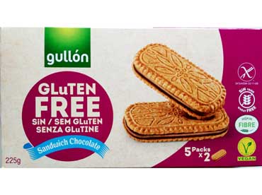 Sandwich chocolade - glutenvrij koekje gevuld met chocolade creme speciaal gemaakt voor coeliakiepatienten. Ingredienten: Chocoladecreme (27%) (suiker, plantaardig vet 
						(palm, palmpit), onvet cacaopoeder 11%, rijstzetmeel, aroma's, emulgator (sojalecithine), Havervlokken 24%, rijstmeel, plantaardige olie 12% (zonnebloemolie met een hoog oliegehalte), suiker, oligofructose, 
						rijstzetmeel, lijnzaadvezels, rijsmiddelen (kaliumwaterstofcarbonaat, ammoniumzuurwaterstofcarbonaat), zout, emaulgator (soja lecithine) aroma. Kan sporen van melk en noten bevatten. Rijk aan vezels,
						zonder tarwe.