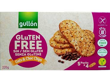 Avena chips - glutenvrij koekje gevuld met chocoladestukjes speciaal gemaakt voor coeliakiepatienten. Ingredienten: Maiszetmeel, Chocoladestukjes (17%) (suiker, 
						cacaomassa, cacaoboter, emulgator (soja lecithine), rijstbloem, plantaardige olie 14%, (zonnebloemolie met een hoog oliegehalte), havervlokken 13%, suiker, oligofructose, polydextrose, rijstzetmeel, 
						zout, rijsmiddelen (natriumwaterstofcarbonaat, ammoniumzuurwaterstofcarbonaat), aroma, natuurlijke smaakstof. Kan sporen van melk en noten bevatten. Rijk aan vezels, zonder tarwe.