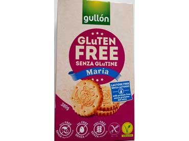 Biscuits au gluten Maria sin sans gluten. Ingrédients : Farine de maïs, huile végétale (huile de tournesol à forte teneur en acide oléique) 18%, sucre, amidon de maïs, 
						farine de riz, sirop de glucose et fructose de maïs, fibre de maïs, fibre de pois, sel, poudre à lever (carbonate de vinaigre de sodium, carbonate acide d'ammonium), émulsifiant (lécithine de soja). 
						Source de fibres sans blé. Conserver dans un endroit frais et sec. Protéger du soleil. Conserver dans les mêmes conditions une fois ouvert.