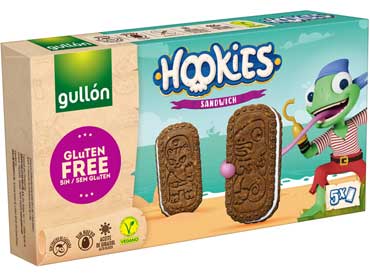 Hookies sandwich biscuit sans gluten 40033. Ingrédients: Crème (sucre, graisse végétale (palme, palmiste), amidon de riz, sirop de glucose en poudre, arôme, émulsifiant (lécithine de soja)), amidon de maïs, flocons d'avoine, farine de riz, sucre, huile végétale 
						(acide oléique riche en tournesol). ), amidon de riz, sirop de glucose-fructose, farine de soja, inuline, poudre de cacao dégraissé (avec régulateurs d'acidité : carbonate de potassium, carbonate de sodium), agents levants (carbonate acide de potassium, carbonate acide d'ammonium), émulsifiant 
						(lécithine de soja. Peut contenir des traces de lait.