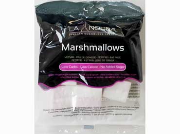 Marchmallows natuur Ingrediënten: maltitol, siroop, isomalt, water, varkensgelatine, maiszetmeel, voedingszuur: melkzuur, natuurlijke vanille smaak, 
						kleurstof: betanine, GGO vrij. Bevat geen sporen van noten. koel en droog bewaren. overmatig gebruik kan een laxerend effect veroorzaken.