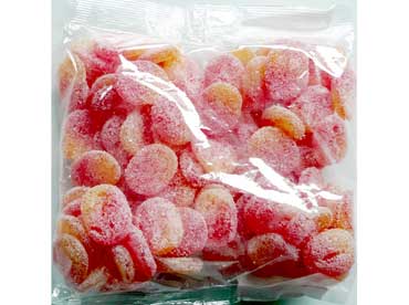 Suikervrije gommen perzik. Ingredienten: maltitol, gelatine, water, isomalt, voedingszuur(citroenzuur), aroma's, 
							kleurstof (E120, E181b) Netto gewicht: 1 kg. Overmatige consumptie kan laxerend werken.