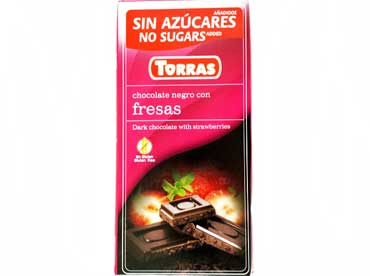 Chocolat noir fraise N0528. Ingredients: Edulcorant (maltitol), pate de cacao, beurre de cacao, inuline, cacao degraisse en poudre, 
						fraises liophysees (2%), emulsifiant (lecithine de soja), arome de fraise et arome naturel de vanille.