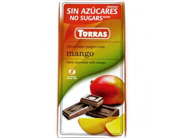 Donkere chocolade met mango N0532. Ingredienten: zoetmiddel (maltitol), cacaopasta, cacaoboter, inuline, magere cacaopoeder, 
						mango (3%), emulgator (sojalecithine), aroma (banaan), natuurlijke aroma vanille.